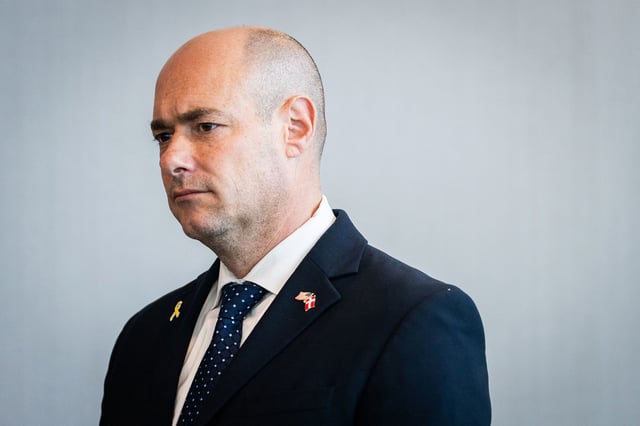 In this April 25 photo, Rep. Greg Landsman attends a press conference during the congressional delegation's visit to Denmark.