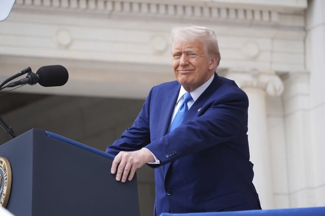 President Donald Trump speaks during the 157th National Memorial Day Observance at Arlington National Cemetery, Monday, May 26, 2025, in Arlington, Va.