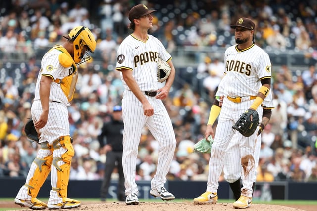 San Diego Padres pitcher Kyle Hart looks on before being pulled from the game during the fifth inning against the Miami Marlins at Petco Park on Wednesday, May 28, 2025 in San Diego, CA. (Meg McLaughlin / The San Diego Union-Tribune)