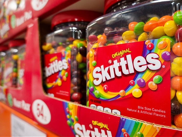 SAN DIEGO, CALIFORNIA - APRIL 27: Packages of Skittles candy are displayed at a Costco Wholesale store on April 27, 2025 in San Diego, California. (Photo by Kevin Carter/Getty Images)