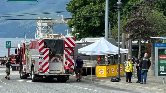 A fire truck attends a police incident in West Vancouver, B.C., on May 28, 2025.