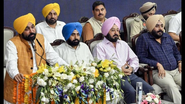 Punjab chief minister Bhagwant Mann addressing a gathering in Patiala on Wednesday. (ANI)