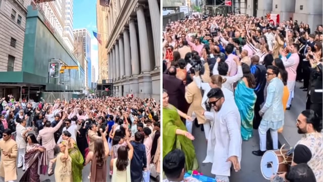 Baraat takes over Wall Street as Indian wedding party dances through New York. 
