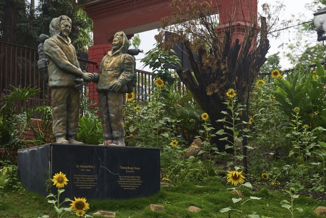The statues of New Zealander Edmund Hillary, left, and his Sherpa guide Tenzing Norgay, who became the first climbers to reach the top of 8,850-meter (29,035-foot) Everest on May 29, 1953 is seen in Kathmandu, Nepal, Thursday, May 29, 2025. (AP Photo/Niranjan Shrestha)
