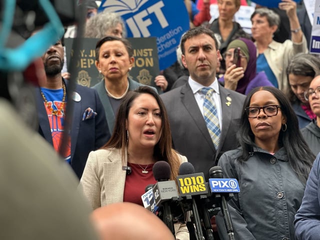 Schools Chancellor Melissa Aviles-Ramos, NY elected officials rally for the ICE release of an asylum seeker from Venezuela and a student at ELLIS Preparatory Academy. (Cayla Bamberger/New York Daily News)