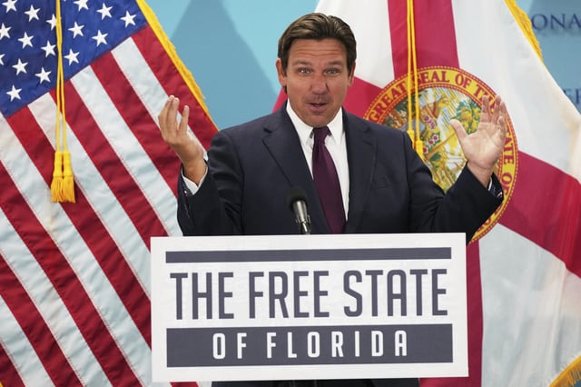 Florida Gov. Ron DeSantis speaks during a public event where he announced he would sign a bill banning the use of fluoride in public water systems, Tuesday, May 6, 2025, in Miami.