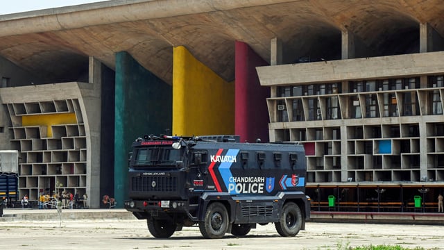 Chandigarh police’s bulletproof vehicle Kavach stands outside the Punjab and Haryana High Court building after it received a bomb threat e-mail, in Chandigarh on Thursday. 