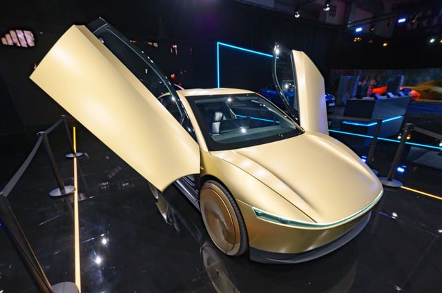 Tesla Robotaxi two-passenger battery-electric self-driving car on display at the AutoSalon on January 10, 2025 in Brussels, Belgium.