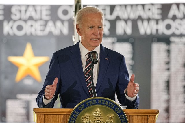 Former U.S. President Joe Biden speaks during a ceremony, at Veterans Memorial Park in New Castle, Delaware, U.S. May 30, 2025.