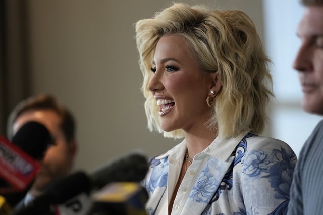 Savannah Chrisley, daughter of reality television star Todd Chrisley speaks during a news conference on Friday, May 30, 2025 in Nashville, Tenn. (AP Photo/George Walker IV)