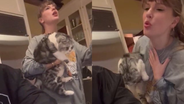 Video of Taylor Swift dancing with her cat, Meredith Grey, has surfaced.