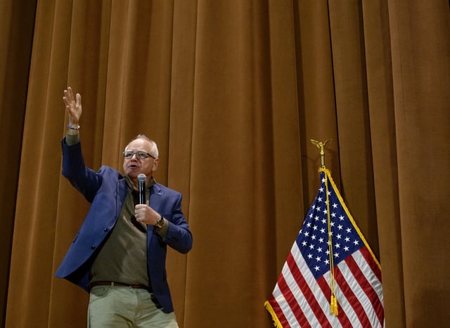 Minnesota Governor Tim Walz speaks at a town hall meeting at the DeYor Performing Arts Center on April 7, 2025 in Youngstown, Ohio.