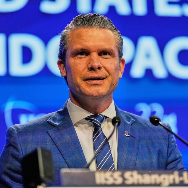 U.S. Defense Secretary Pete Hegseth delivers his speech during 22nd Shangri-La Dialogue summit in Singapore,Saturday, May 31, 2025. (AP Photo/Anupam Nath)