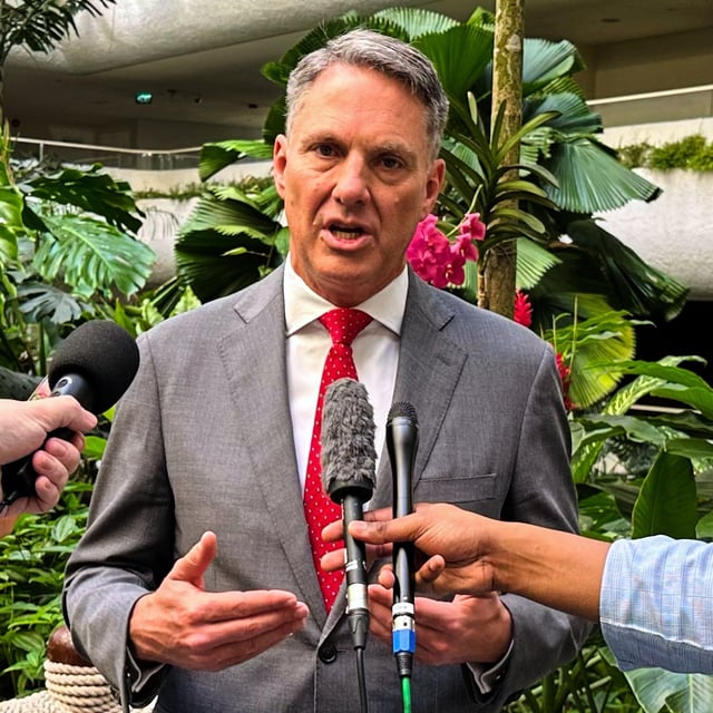 Australia's Defense Minister and Deputy Prime Minister Richard Marles talks to the media during an interview in the 22nd Shangri-La Dialogue summit in Singapore, Sunday, June 1, 2025. (AP Photo/Joeal Calupitan)