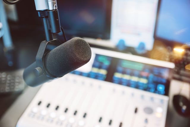 Close up of microphone in radio broadcast studio