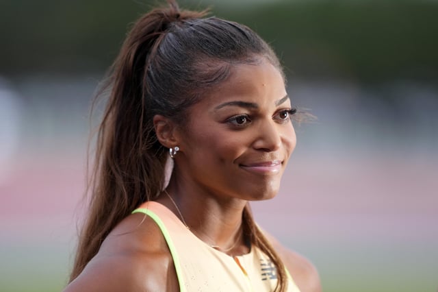 May 3, 2025; Miramar, FL, USA; Gabby Thomas aka Gabrielle Thomas (USA) reacts after winning the short sprints women's 200m in 21.95 during the Grand Slam Track Miami at Ansin Sports Complex. Mandatory Credit: Kirby Lee-Imagn Images/File Photo