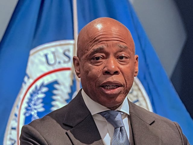 NEW YORK, UNITED STATES - APRIL 22: New York City Mayor Eric Adams speaks during the press conference in Lower Manhattan, New York City on April 22, 2025. 27 suspected members of the notorious Tren de Aragua street gang have been arrested on federal murder, racketeering, drug and sex trafficking charges under the federal Racketeer Influenced and Corrupt Organizations Act (RICO) officials said on Tuesday. (Photo by Selcuk Acar/Anadolu via Getty Images)