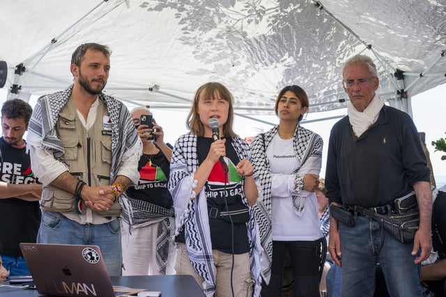 Greta Thunberg with part of the crew of the ship Madleen, shortly before departure for Gaza on June 1, 2025, in Catania, Italy.