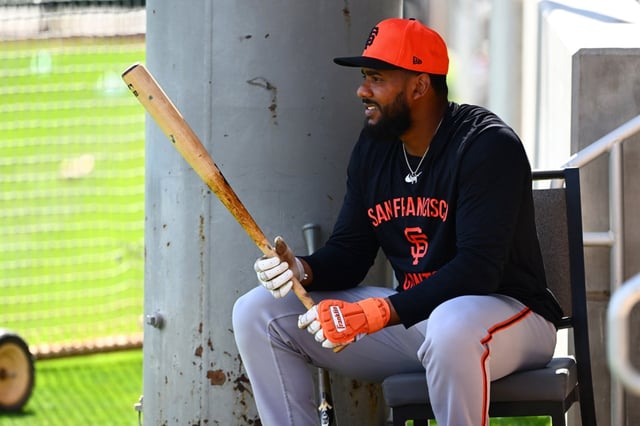 San Francisco Giants’ Jerar Encarnacion (59) holds his bat after taking batting practice during spring training at Scottsdale Stadium in Scottsdale, Arizona on Thursday, Feb. 20, 2025. (Jose Carlos Fajardo/Bay Area News Group)