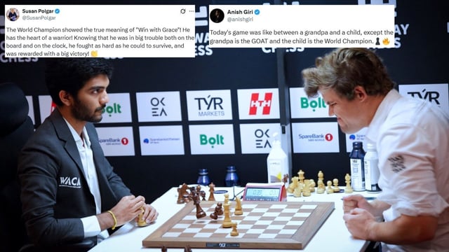 Gukesh and Magnus had a 62-move tussle that ended in a nerve wrecking finish with the latter slamming the table upon losing the game and apologising for it later.