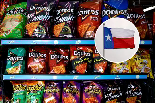 Packages of Doritos chips are displayed on a store shelf on April 23, 2025 in San Anselmo, California (main) and the Texas state flag during the first round of the Valero Texas Open at TPC San Antonio on March 30, 2023 in San Antonio, Texas (insert).