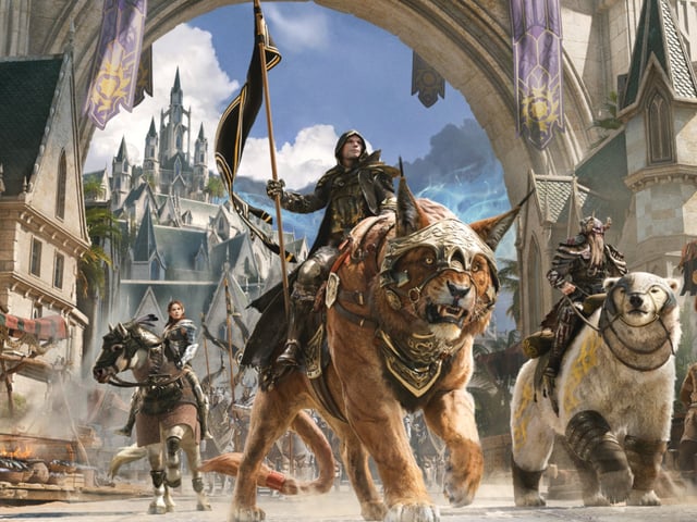 Three adventurers ride in on mounts to The Elder Scrolls Online's next update: Seasons of the Worm Cult.