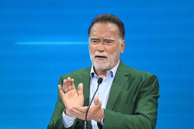 Former California Governor Arnold Schwarzenegger delivers the keynote speech at the Austrian World Summit in Vienna on Tuesday.