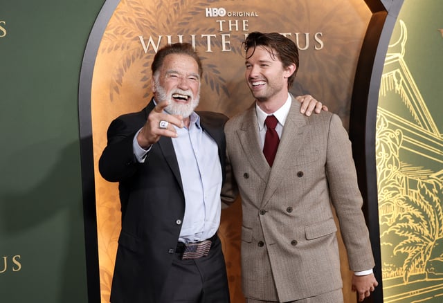 LOS ANGELES, CALIFORNIA - FEBRUARY 10: (L-R) Arnold Schwarzenegger and Patrick Schwarzenegger attend the Los Angeles Premiere of HBO Original Series &#34;The White Lotus&#34; Season 3 at Paramount Theatre on February 10, 2025 in Los Angeles, California. (Photo by Emma McIntyre/Getty Images)