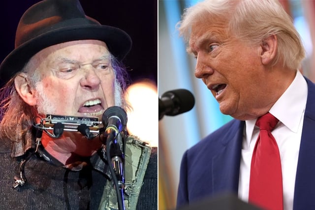 Neil Young (left in this composite image) has extended an invitation to President Donald Trump to attend his upcoming “Love Earth” summer tour, though with a pointed caveat: “If there is not martial law by then.”