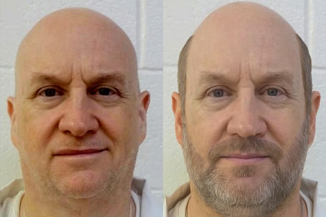 This combo of images provided  shows an actual photo of inmate Grant Hardin, left, and a photo rendering of the convicted former police chief known as the “Devil in the Ozarks" as the search for the escaped inmate headed into its second week.