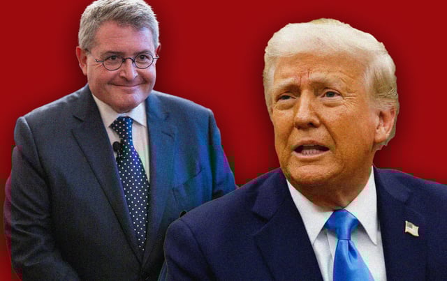 Photo illustration by Noah Hickey. (Photographs of Leonard leo and Donald Trump from Getty Images)