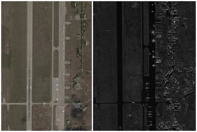 A combination picture shows satellite images of the Belaya airfield, before and after the Ukrainian drones attack targeting Russian military airfields, amid Russia's ongoing invasion of Ukraine, in Irkutsk region, Russia, May 17, 2025 on the left, and June 2, 2025 on the right. 2025 Planet Labs PBC (left) & Capella Space/Handout via REUTERS