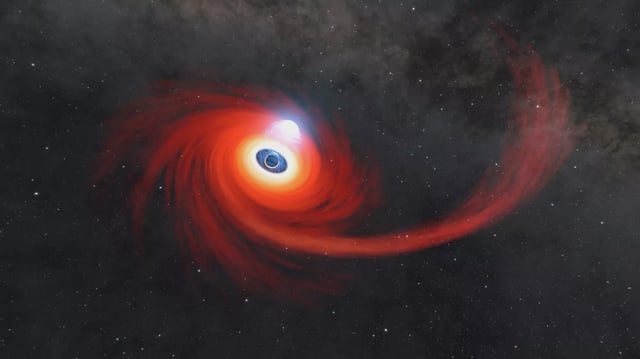 A disk of hot gas swirls around a black hole in this illustration. Some of the gas came from a star that was pulled apart by the black hole, forming the long stream of hot gas on the right, feeding into the disk. Credits: NASA/JPL-Caltech
