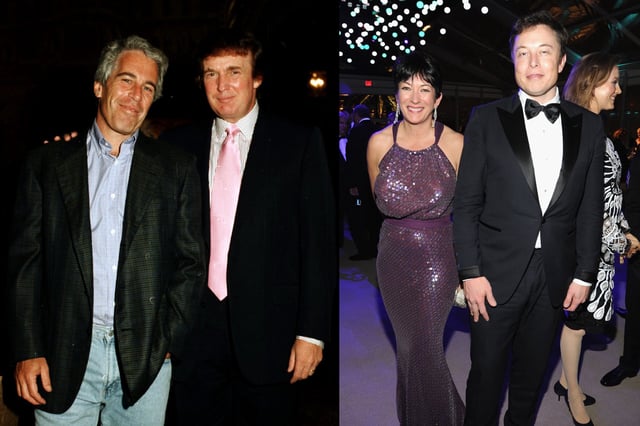 © Davidoff Studios/Getty Images (Epstein and Trump photo) Photo by Kevin Mazur/VF14/WireImage (Maxwell and Musk photo)