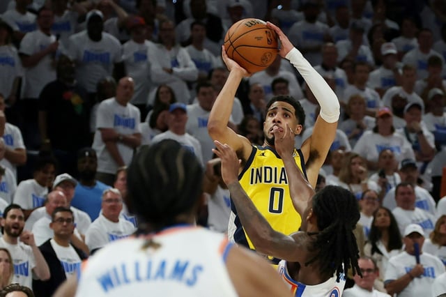Indiana's Tyrese Haliburton shoots the winning basket with 0.3seconds remaining in game one of the NBA Finals