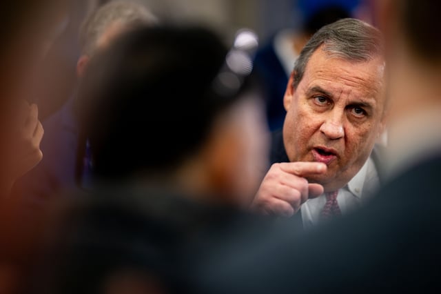 Former New Jersey Gov. Chris Christie speaks to reporters in the spin room following the NewsNation Republican Presidential Primary Debate at the University of Alabama on December 6, 2023 in Tuscaloosa, Alabama.