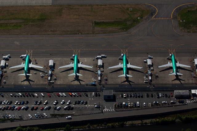 Boeing 737 MAX airplanes are seen parked at a Boeing facility on August 13, 2019 in Renton, Washington.