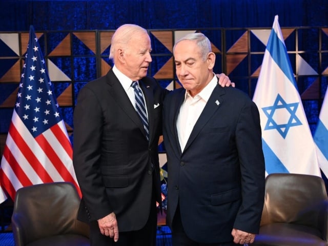 TEL AVIV, ISRAEL - OCTOBER 18: (----EDITORIAL USE ONLY - MANDATORY CREDIT - 'ISRAELI GOVERNMENT PRESS OFFICE (GPO) / HANDOUT' - NO MARKETING NO ADVERTISING CAMPAIGNS - DISTRIBUTED AS A SERVICE TO CLIENTS----) US President Joe Biden (L) and Prime Minister Benjamin Netanyahu (R) meet in Tel Aviv, Israel on October 18, 2023. (Photo by GPO/ Handout/Anadolu via Getty Images)