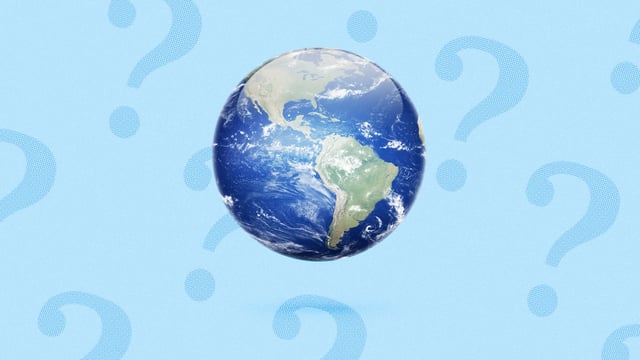 The Earth appears surrounded by question marks.