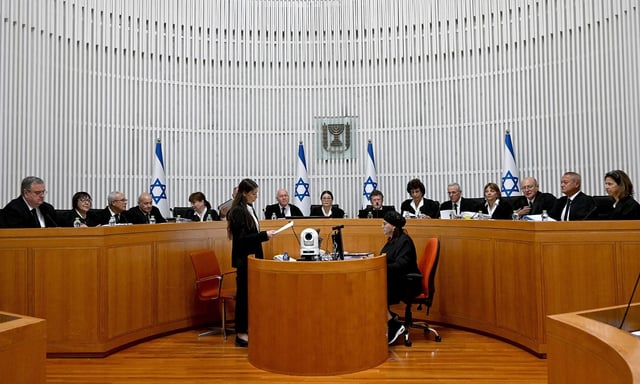 All 15 judges on Israel's Supreme Court assembled to hear petitions against the "reasonableness" law in Jerusalem, September 12, 2023.