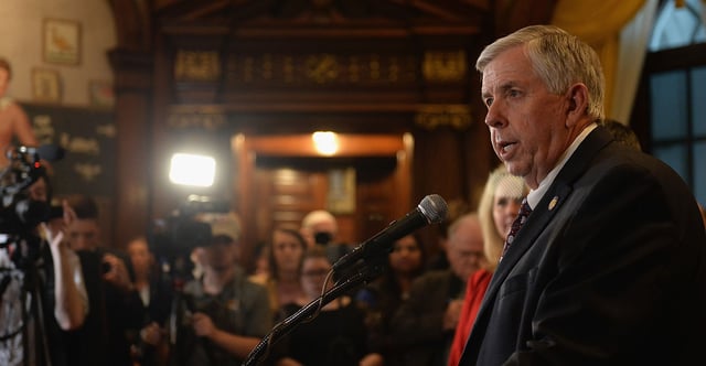 Missouri Gov. Mike Parson signed an executive order on Tuesday prohibiting any entity tied to the Chinese Communist Party from buying up land within 10 miles of any “critical military facilities.” Pictured: Parson addresses the media at the state Capitol on May 17, 2019, in Jefferson City, Missouri. (Photo: Michael B. Thomas/ Stringer/Getty Images)