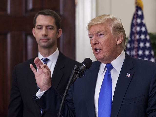 WASHINGTON, DC - AUGUST 2: (AFP OUT) U.S. President Donald Trump makes an announcement on the introduction of the Reforming American Immigration for a Strong Economy (RAISE) Act in the Roosevelt Room at the White House on August 2, 2017 in Washington, DC. The act aims to overhaul U.S. immigration by moving towards a "merit-based" system.  Pictured at left is Sen. Tom Cotton (R-AR).(Photo by Zach Gibson - Pool/Getty Images)