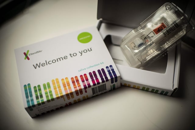 This illustration picture shows a saliva collection kit for DNA testing displayed in Washington DC on December 19, 2018.