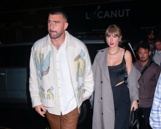 Travis Kelce and Taylor Swift arrive at an SNL afterparty on October 15, 2023 in New York City.