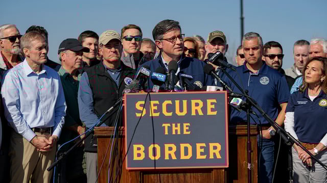 U.S. House Speaker Mike Johnson speaks while standing with Republican members of Congress, Wednesday, Jan. 3, 2024, in Eagle Pass, Texas. Johnson is leading about 60 fellow Republicans in Congress on a visit to the Mexican border. Their trip comes as they are demanding hard-line immigration policies in exchange for backing President Joe Biden’s emergency wartime funding request for Ukraine. (AP Photo/Eric Gay)