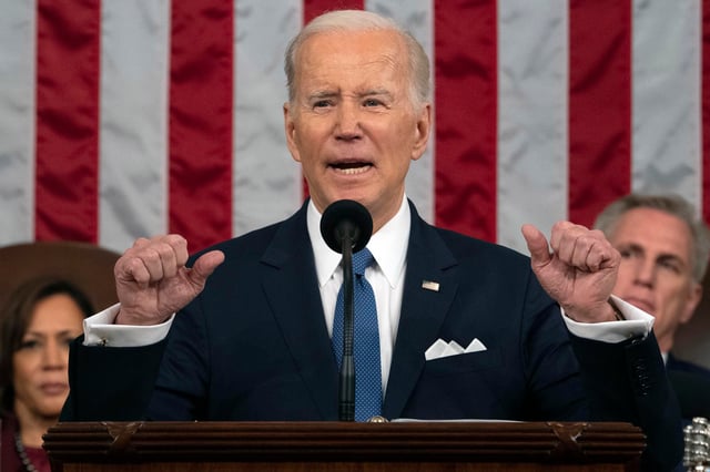U.S. President Joe Biden delivers the State of the Union address to a joint session of Congress as Vice President Kamala Harris and House Speaker Kevin McCarthy (R-CA) listen on February 7, 2023 in the House Chamber of the U.S. Capitol in Washington, DC. The speech marks Biden's first address to the new Republican-controlled House.