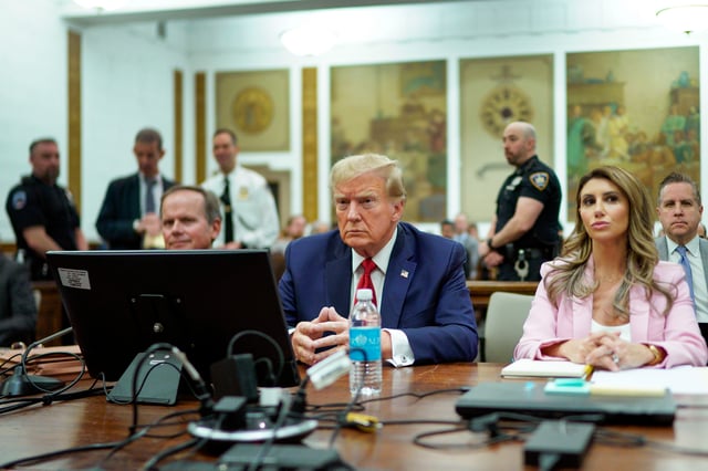 NEW YORK, NEW YORK - DECEMBER 7: Former U.S. President Donald Trump sits at the defense table with his attorneys Christopher Kise (L) and Alina Habba (R) in New York State Supreme Court on December 7, 2023 in New York City. (Photo by Eduardo Munoz Alvarez-Pool/Getty Images)