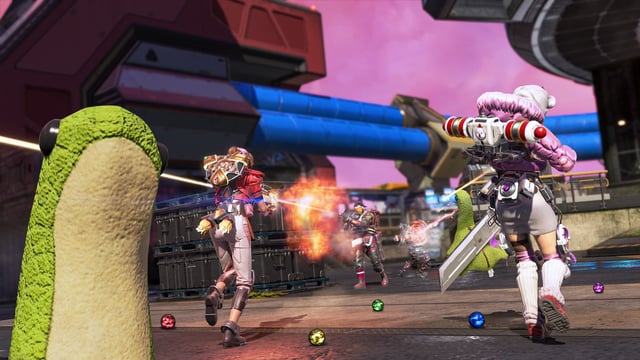 A nessie plushie looks at the screen while Apex Legends characters dressed as Final Fantasy 7 favorites fight in the background