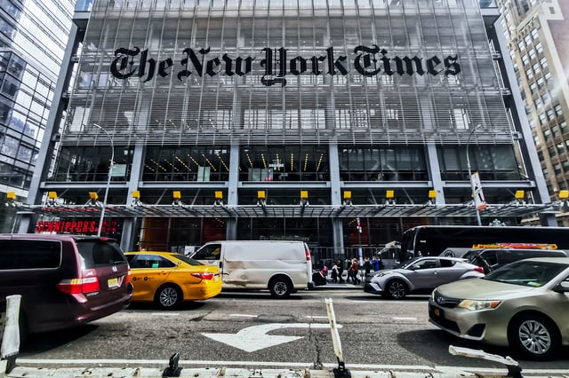 New York Times newspaper office building is seen in Manhattan, New York, United States, on October 26, 2022.
