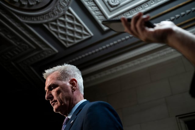 Rep. Kevin McCarthy (R-Calif.), the former House speaker, speaks to reporters after leaving a Republican House speaker candidate forum featuring House Majority Leader Rep. Steve Scalise (R-La.) and Rep. Jim Jordan (R-Ohio) on Capitol Hill in Washington, Oct. 10, 2023.